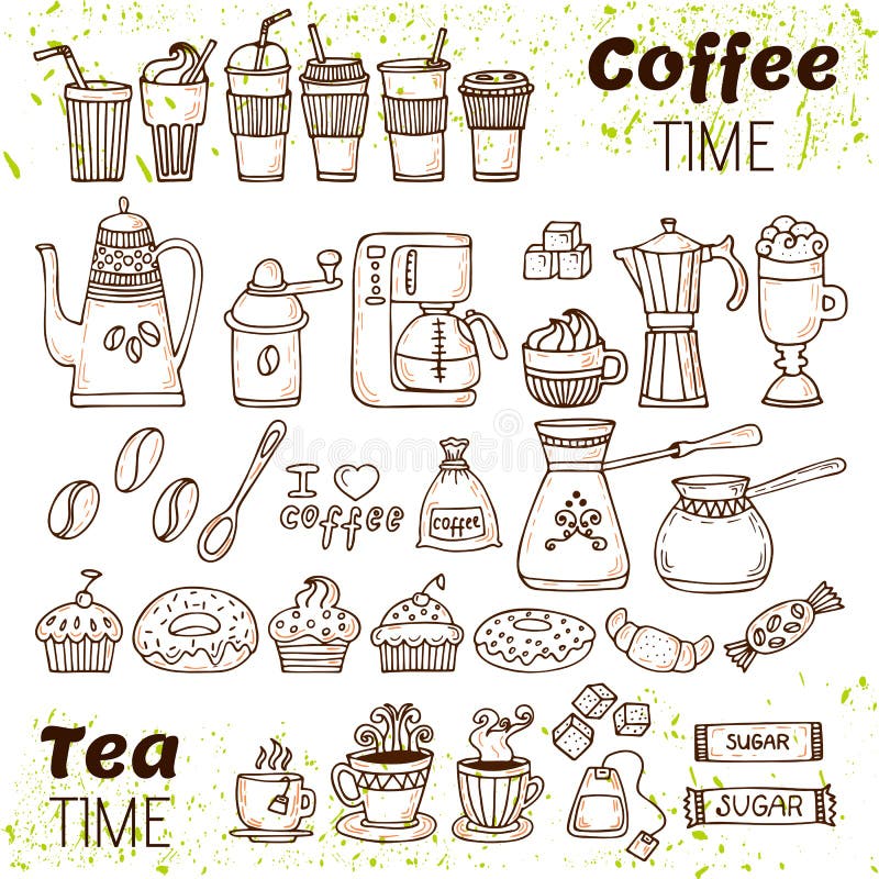 Collection de café et de thé d'aspiration de main Le croquis gribouille le café et t illustration stock Collection de café et de thé d'aspiration de main Le croquis gribouille le café et t illustration stock