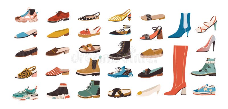 Collection de chaussures Ã©lÃ©gantes et de bottes de diffÃ©rents types isolÃ©es sur fond blanc. Offre groupÃ©e d'un style dÃ©contr
