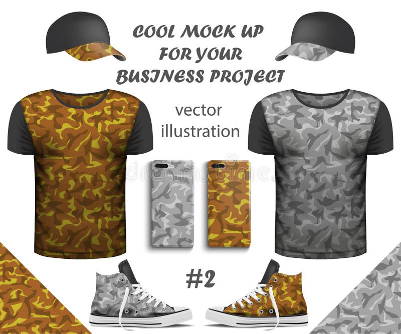 Collection de conception de T-shirts, de smartphone, d'espadrilles et de moquerie r?alistes de chapeau avec le mod?le sans coutur illustration de vecteur Collection de conception de T-shirts, de smartphone, d'espadrilles et de moquerie r?alistes de chapeau avec le mod?le sans coutur illustration de vecteur