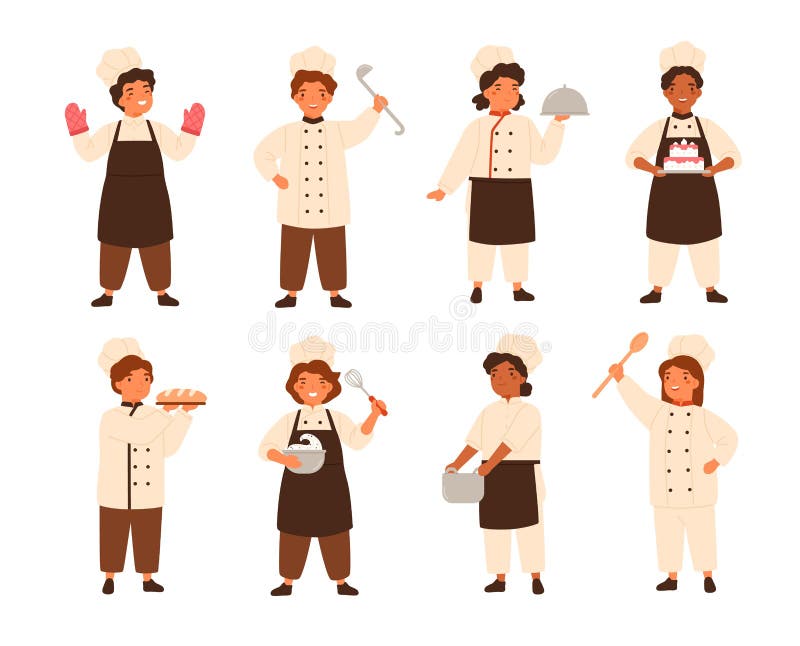 Collection de cuisiniers d'enfants ou de chefs de sourire mignons d'enfants Paquet de jeunes travailleurs de cuisine faisant cuir illustration de vecteur Collection de cuisiniers d'enfants ou de chefs de sourire mignons d'enfants Paquet de jeunes travailleurs de cuisine faisant cuir illustration de vecteur