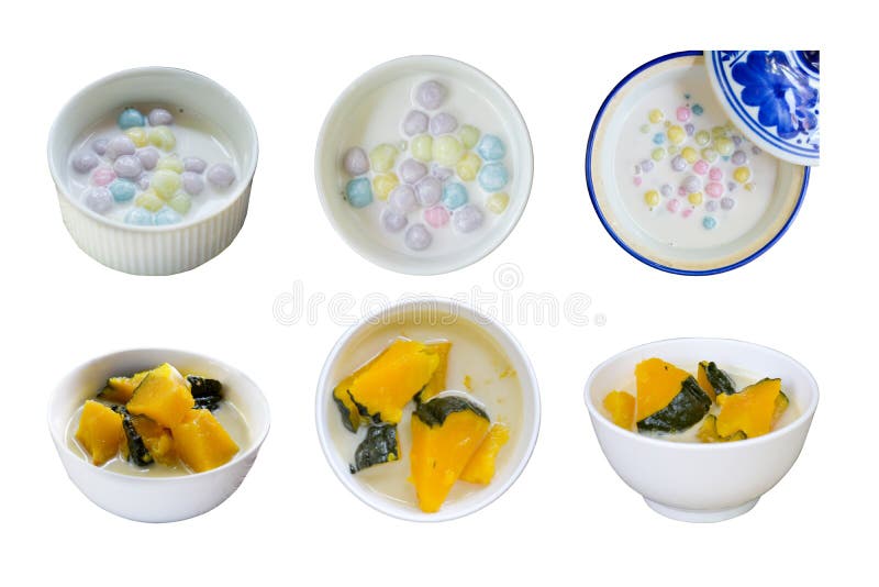 Collection de dessert thaïlandais Les pleines boulettes de couleur en crème de noix de coco, lait de noix de coco ont cuit le bol photo stock Collection de dessert thaïlandais Les pleines boulettes de couleur en crème de noix de coco, lait de noix de coco ont cuit le bol photo stock