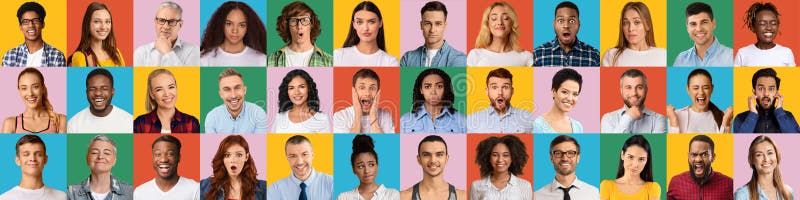 Collection de diverses personnes multiculturelles exprimant différentes émotions panorama photographie stock