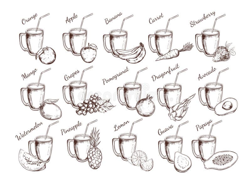 Collection de jus de fruit Illustration tirée par la main de vecteur Objets d'isolement sur le blanc illustration libre de droits Collection de jus de fruit Illustration tirée par la main de vecteur Objets d'isolement sur le blanc illustration libre de droits