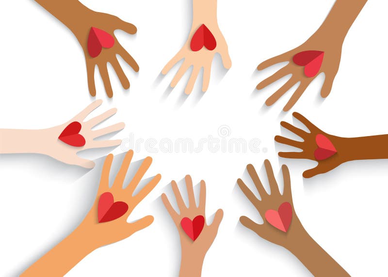 Collection de mains multicolores tenant le coeur rouge. illustration stock Collection de mains multicolores tenant le coeur rouge. illustration stock