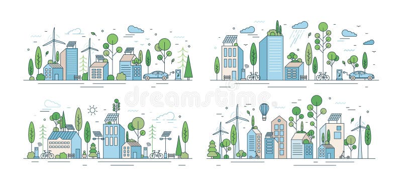 Collection de paysages urbains ou de paysages urbains avec la ville d'eco utilisant des technologies écologiquement amicales - én illustration de vecteur Collection de paysages urbains ou de paysages urbains avec la ville d'eco utilisant des technologies écologiquement amicales - én illustration de vecteur