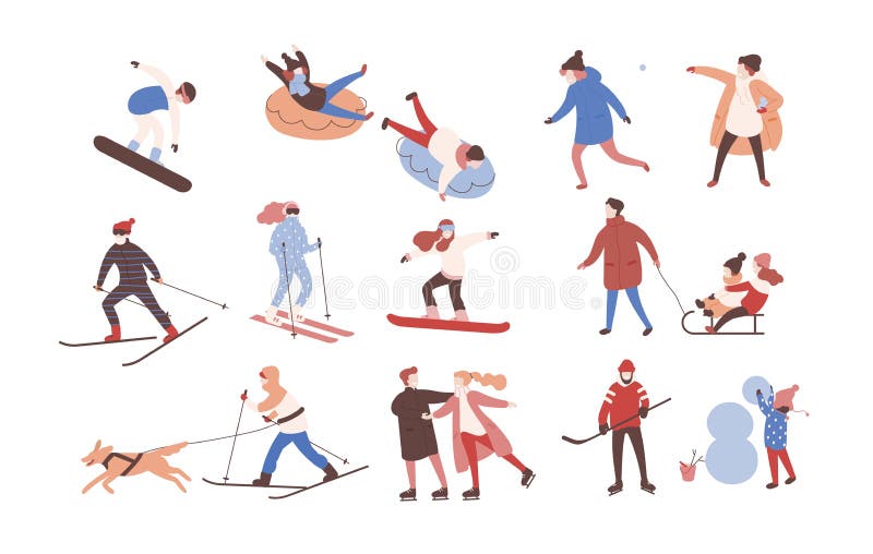 Collection de personnages de dessin animé masculins et femelles exerçant des activités d'hiver L'ensemble des hommes et de femmes illustration de vecteur Collection de personnages de dessin animé masculins et femelles exerçant des activités d'hiver L'ensemble des hommes et de femmes illustration de vecteur