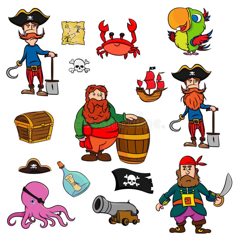 Collection de pirate de bande dessinée Ensemble de l'aventure du pirate sur l'illustration blanche de vecteur de fond illustration stock Collection de pirate de bande dessinée Ensemble de l'aventure du pirate sur l'illustration blanche de vecteur de fond illustration stock