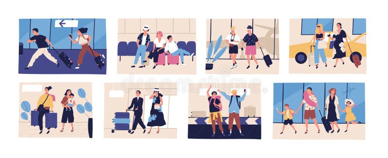 Collection de scènes avec des touristes partant en vacances, voyage ou voyage d'été Jeunes et pluss âgé couples d'amis, illustration stock Collection de scènes avec des touristes partant en vacances, voyage ou voyage d'été Jeunes et pluss âgé couples d'amis, illustration stock