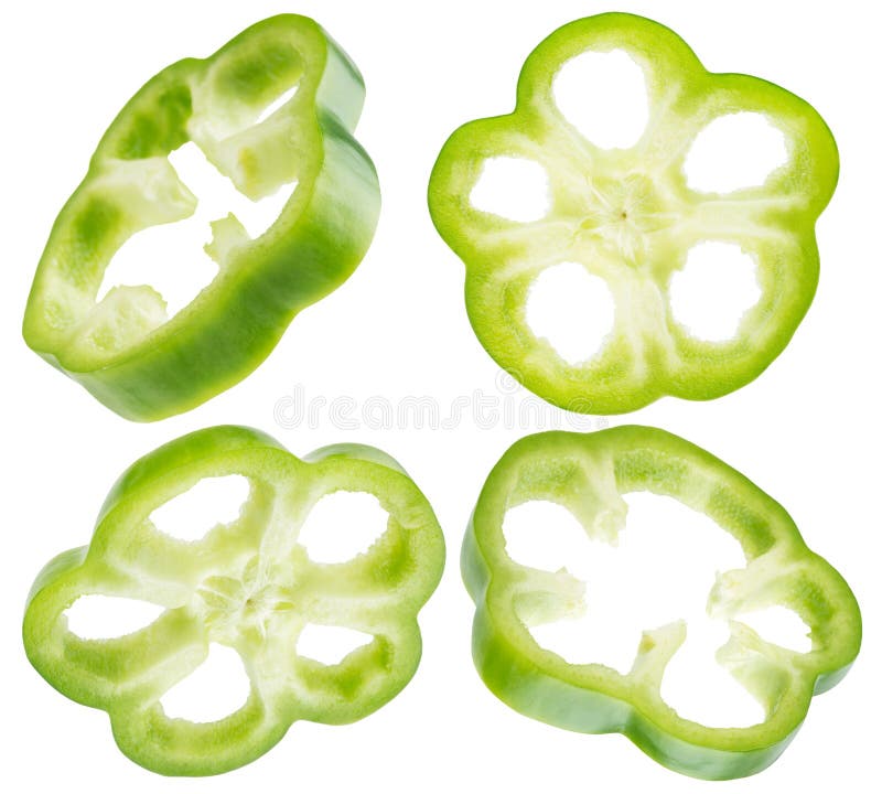 Collection de tranches de poivron vert d'isolement sur le backgrou blanc photographie stock Collection de tranches de poivron vert d'isolement sur le backgrou blanc photographie stock