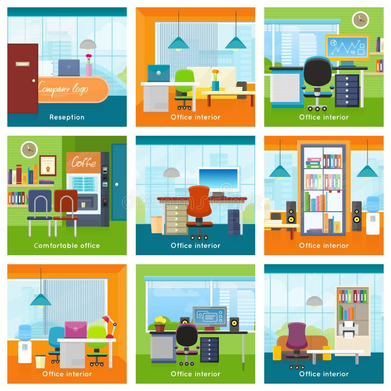 Collection de vecteurs de concept d'intérieurs de bureau illustration libre de droits Collection de vecteurs de concept d'intérieurs de bureau illustration libre de droits