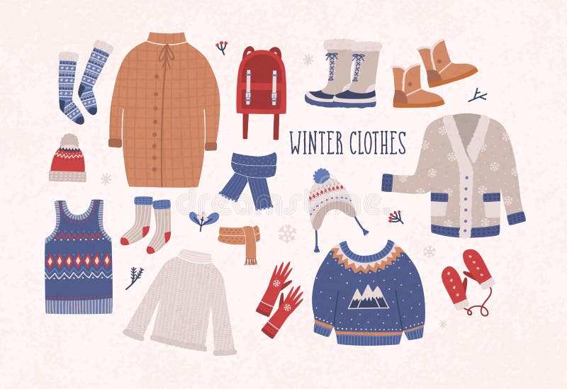 Collection of winter clothes and outerwear isolated on light background - woolen jumper, cardigan, coat, snow boots, scarf, hat, mittens. Bundle of seasonal clothing. Colorful vector illustration. Collection of winter clothes and outerwear isolated on light background - woolen jumper, cardigan, coat, snow boots, scarf, hat, mittens. Bundle of seasonal clothing. Colorful vector illustration