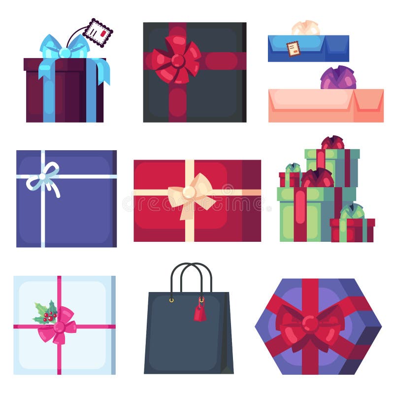 Collection of different cartoon present box isolated on white background. New Year and Christmas bright decor in flat royalty free illustration Collection of different cartoon present box isolated on white background. New Year and Christmas bright decor in flat royalty free illustration