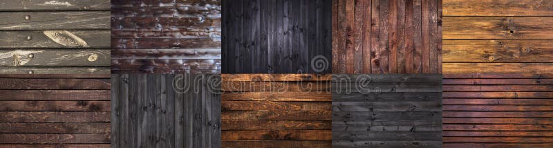 Collection of different dark wooden backgrounds, grunge wooden textures stock photography