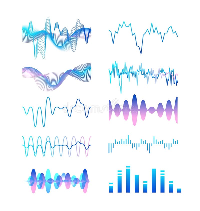 Collection of different gradient colored sound waves, audio or acoustic electronic signals isolated on white background vector illustration