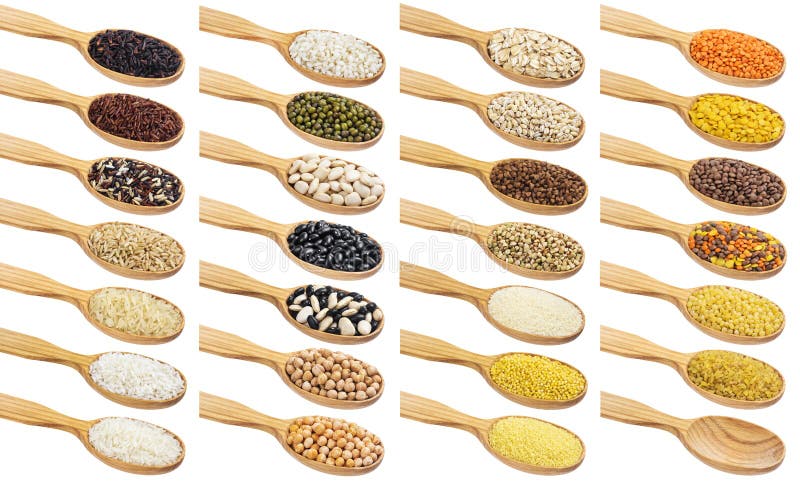 Collection of different groats in wooden spoons isolated on white background royalty free stock photography