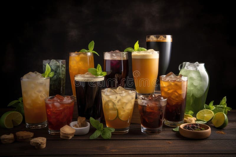 Collection of Different Iced Teas and Coffees, Each with Its Own Unique Flavor Stock Photo