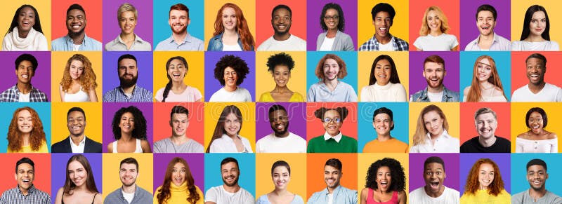 Collage of Different Real People Portraits on Studio Backgrounds ...