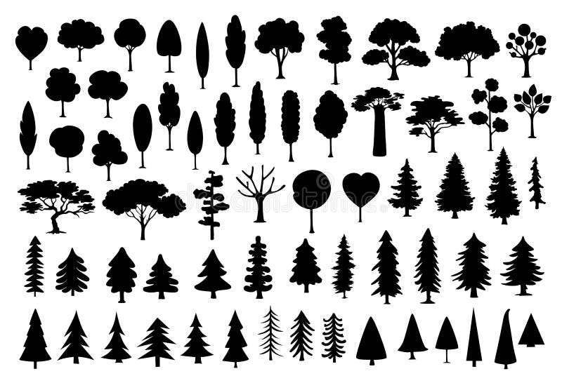 Collection of different park, forest, conifer cartoon trees silhouettes in black color stock illustration Collection of different park, forest, conifer cartoon trees silhouettes in black color stock illustration