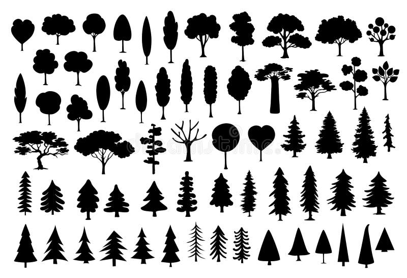 Collection of different park, forest, conifer cartoon trees silhouettes in black color