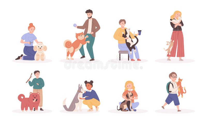 Collection of Different People Pet Owners Spending Time with Domestic Animals  Cartoon Vector Stock Vector - Illustration of isolated, flat: 224177422