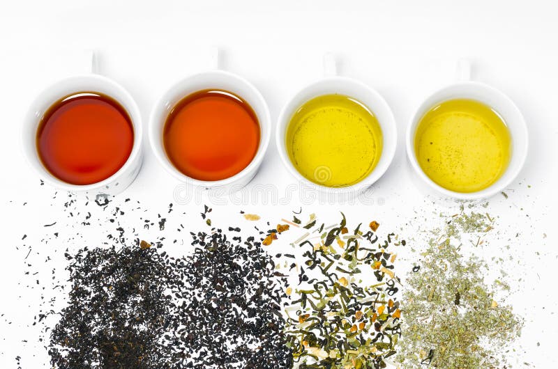 Collection of different teas in cups with tea leaves on a white background.