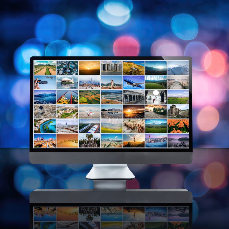Collection of diverse landscapes and cityscapes displayed on a computer screen in a vibrant setting