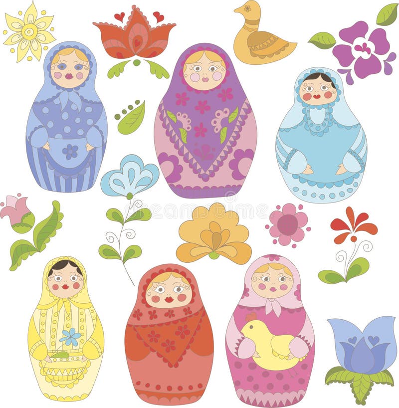 Set of 6 Cute Russian Matryoshka Dolls Stock Vector Illustration of