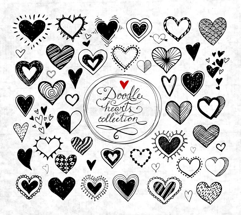 Collection of doodle sketch hearts hand drawn with ink on grunge paper background. royalty free illustration
