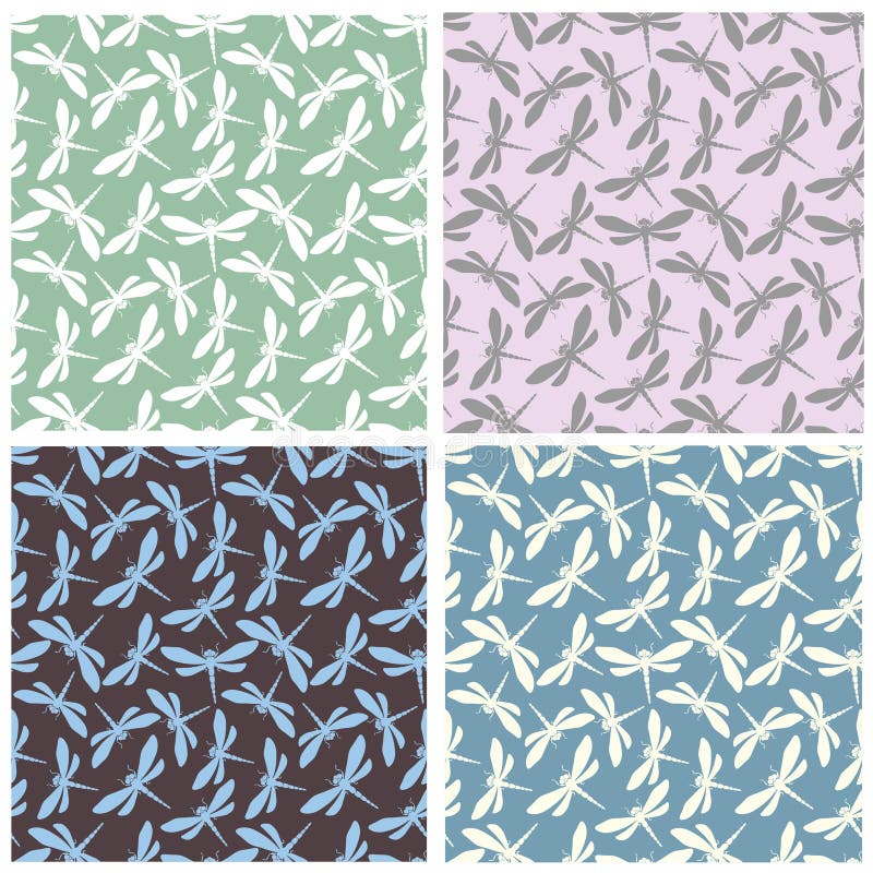 Collection of dragonflies seamless patterns