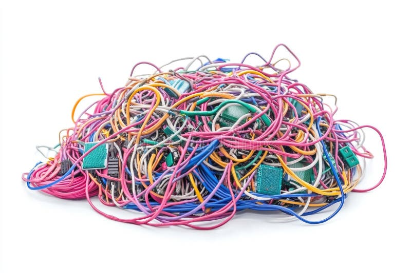 A collection of electrical wires and cables stacked on a white background royalty free stock photography