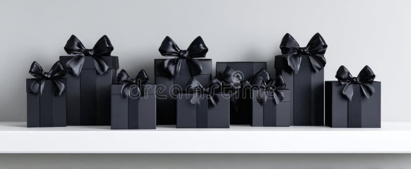 The collection of elegantly wrapped black gift boxes with bows on display. image royalty free stock photo.