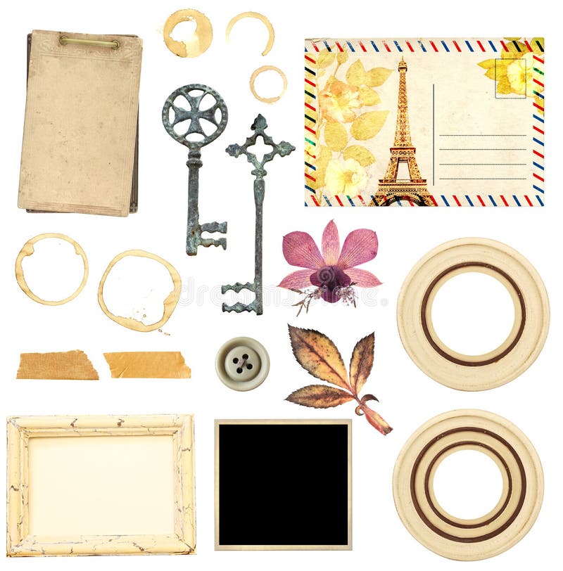 Set of elements for scrapbooking. Object isolated on white background. Vintage wooden frames, retro paper card, dry leaf and orchid flower, keys, sellotape, stain of tea, coffee, old photo, postcard. Set of elements for scrapbooking. Object isolated on white background. Vintage wooden frames, retro paper card, dry leaf and orchid flower, keys, sellotape, stain of tea, coffee, old photo, postcard