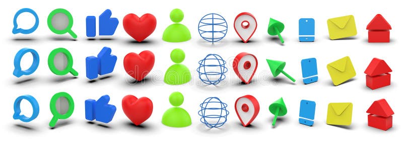 Collection of Eye-Catching Website 3D Icons like Internet, location, like, heart, Chat, Search, cursor, mobile, home royalty free illustration