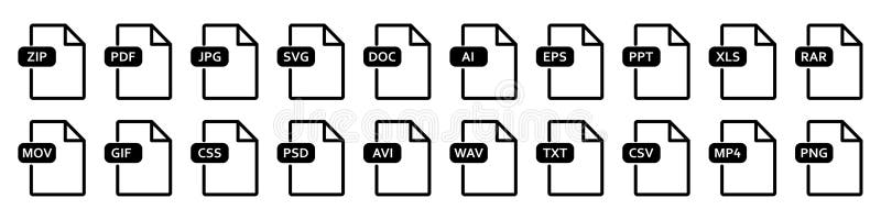 Collection of file formats big icon. File format of document - PDF, DOC, AI, EPS, JPG, PNG, PPT, XLS, MP4, RAR, ZIP, GIF, MOV, SVG stock illustration