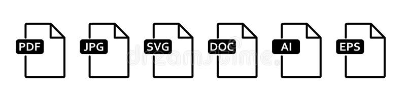 Collection of file formats big icon. File format of document - PDF, DOC, AI, EPS, JPG, SVG. Vector illustration royalty free illustration