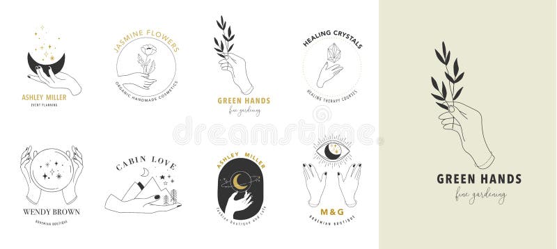 Collection of fine, hand drawn style logos and icons of hands. Esoteric, fashion, skin care and wedding concept. Illustrations. Vecor design set stock illustration Collection of fine, hand drawn style logos and icons of hands. Esoteric, fashion, skin care and wedding concept. Illustrations. Vecor design set stock illustration