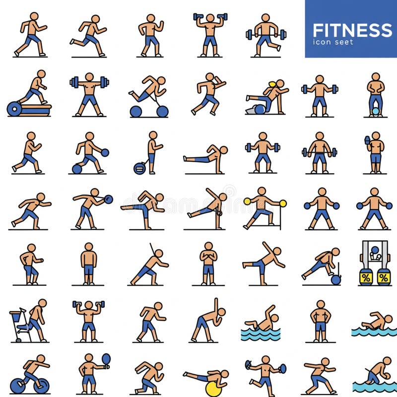 A collection of fitness icons illustrating various exercises and activities. Each icon vector illustration