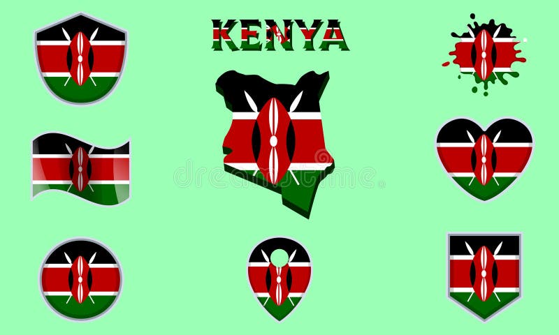 Collection of flat national flags of Kenya with map royalty free illustration