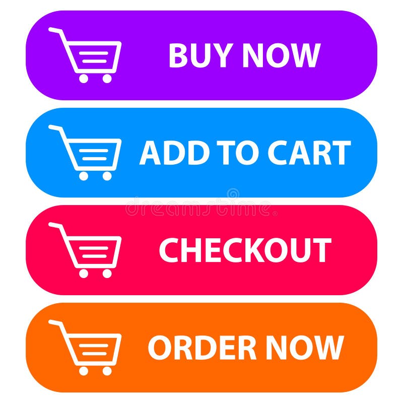 Collection of Four Colored Buttons with Text Buy Now, Add To Cart