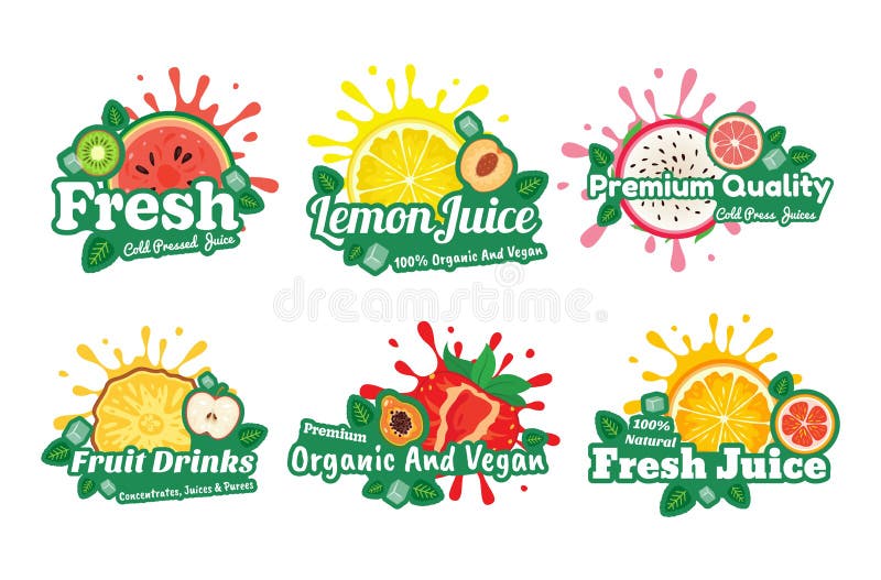 Collection fresh juice sticker vector illustration summer seasonal organic vegan fruits cocktail