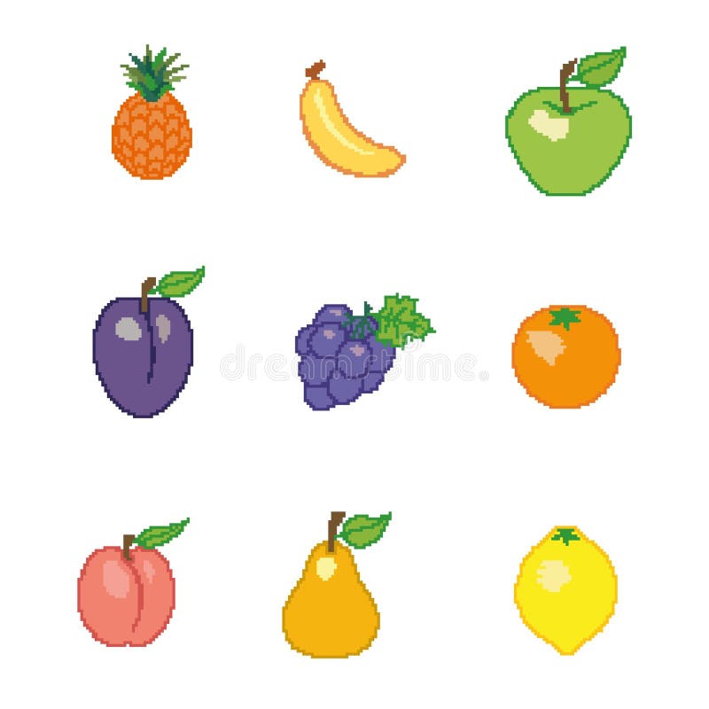 Premium Vector  Pixel fruits cartoon 2d game sprite asset with apple  banana mango citrus pineapple cherry 8bit collection of fruit signs for  game development vector set