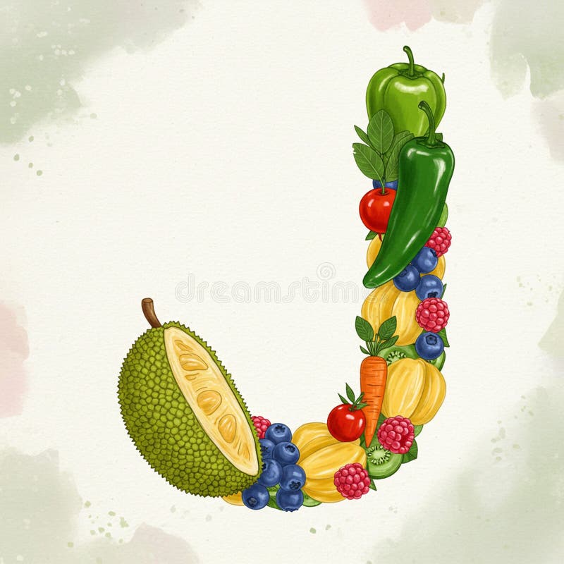 A collection of fruits and vegetables forms the letter \'J\' on a light, textured royalty free illustration