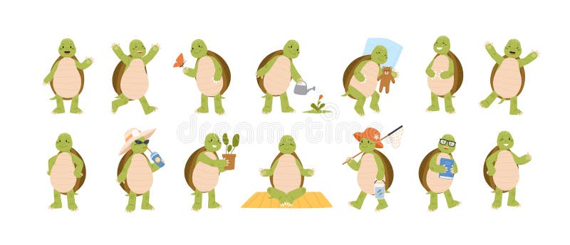 Collection of funny adorable tortoise isolated on white background. Set of cute turtle performing daily activities -