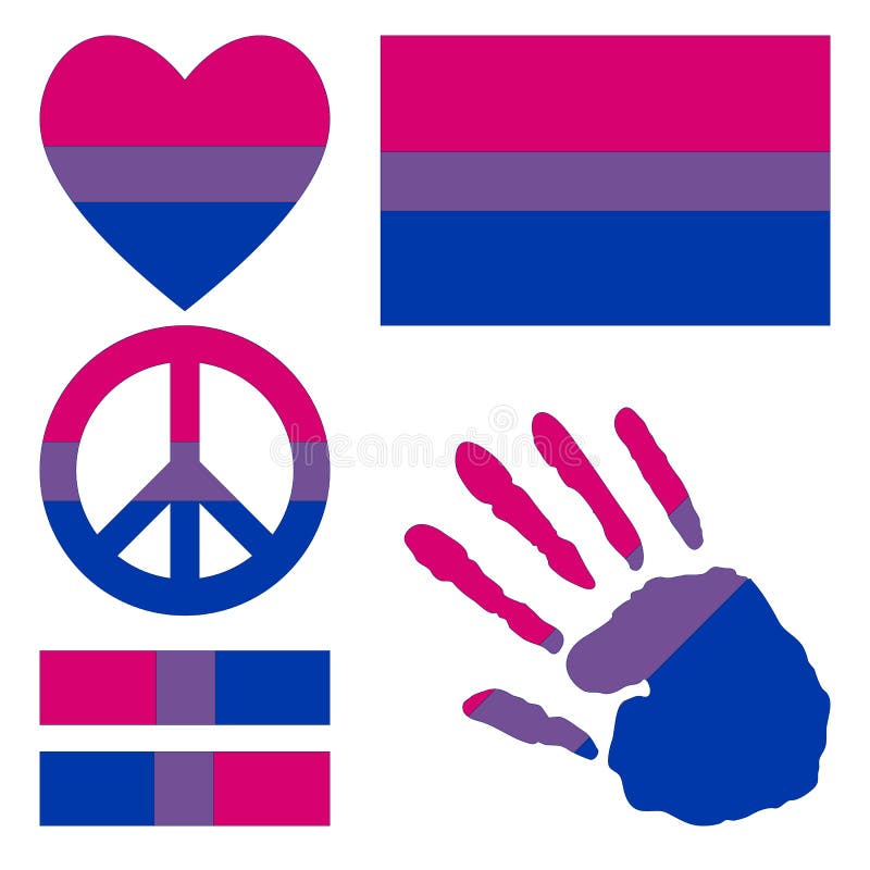 Bisexual pride flag, heart, pacific sign, equality symbol and hand print fo...