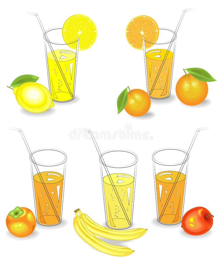 Collection. Glasses of natural fruit juice lemon, mandarin, banana, apple, persimmon. Vector illustration, set vector illustration Collection. Glasses of natural fruit juice lemon, mandarin, banana, apple, persimmon. Vector illustration, set vector illustration
