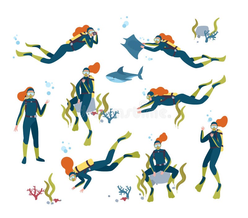 Collection of gorgeous redhead female scuba diver swimming in sea with fish and underwater animals. Bundle of beautiful