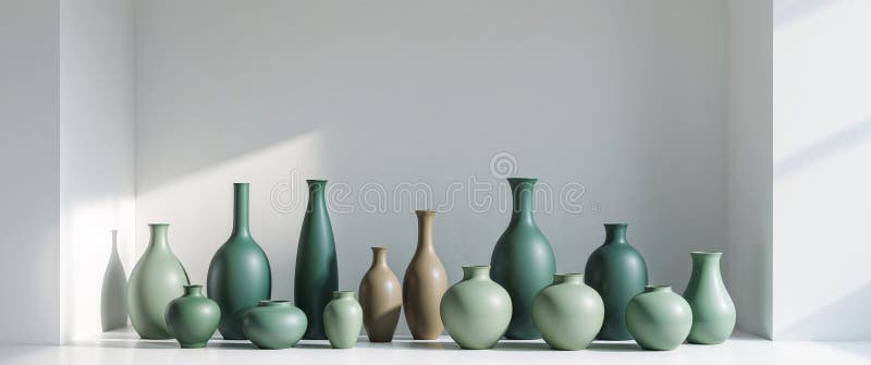 A collection of green vases in a tight shot stock photos