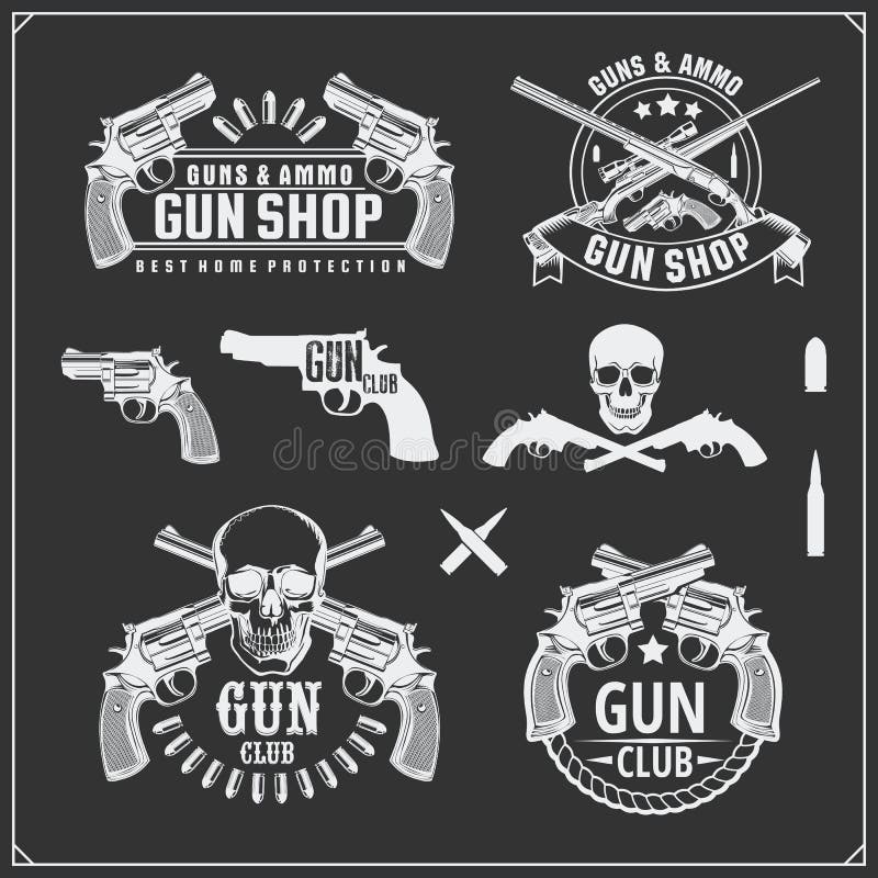 Collection of Guns. Revolvers, shotguns and rifles. Gun club labels and design elements.