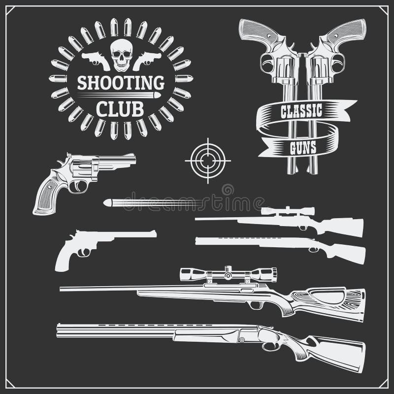 Collection of Guns. Revolvers, shotguns and rifles. Gun club labels and design elements.