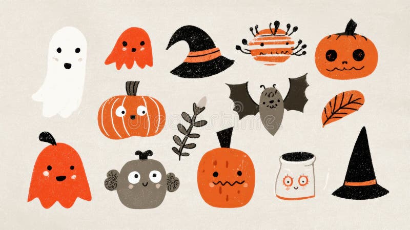 Collection of Cute Hand Drawn Halloween Characters for Party Invitations, Greeting Cards, and Social Media Posts royalty free stock images